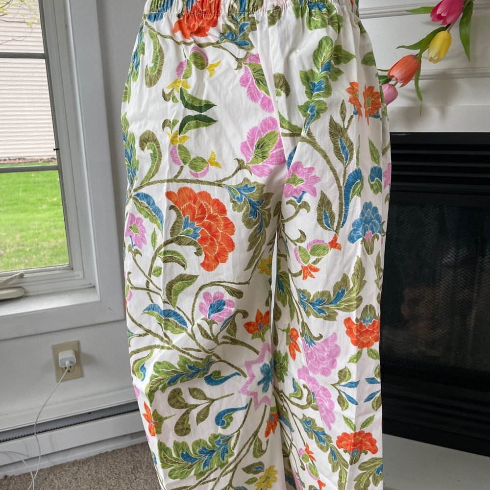 Zara White and Green Wide Leg Pants with Botanical Print